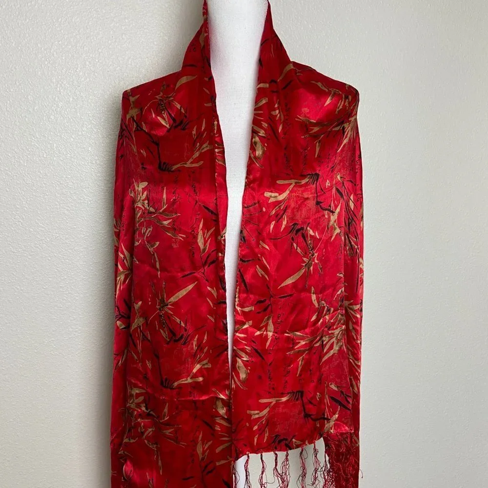 Red Silk Scarf Fringe Double